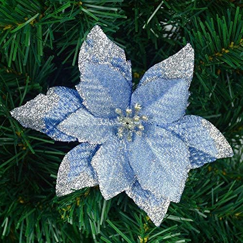 Gardeningwill 12Pcs 5 Inch Glitter Artificial Poinsettia Flowers with Ties for Wedding Christmas Festival Holiday Decor Xmas Wreath Garland Ornament Blue