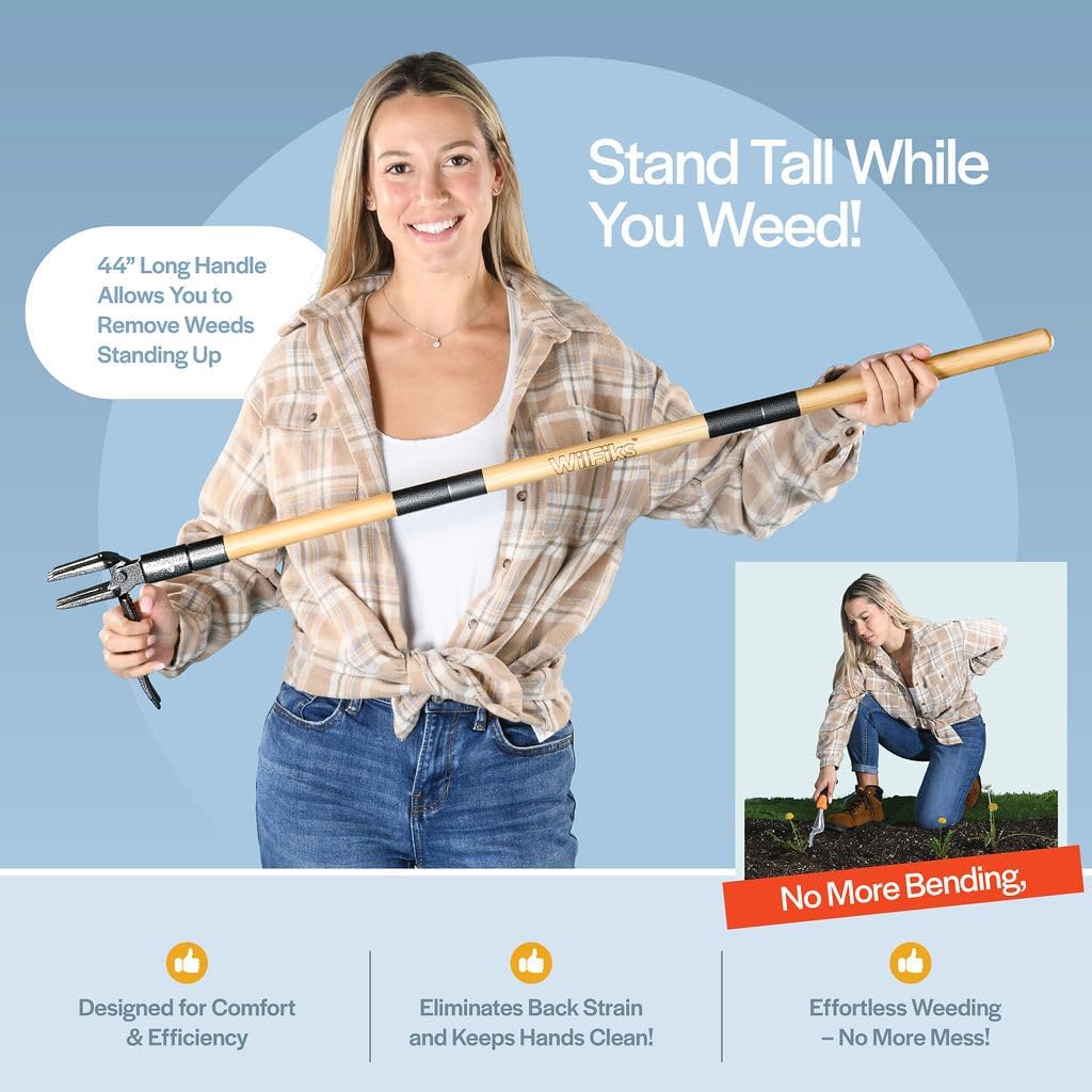 WilFiks Weed Puller Tool, Stand Up Heavy Duty Weed Remover Tool with Long Handle, Foot Platform Design - 4 Claw Steel