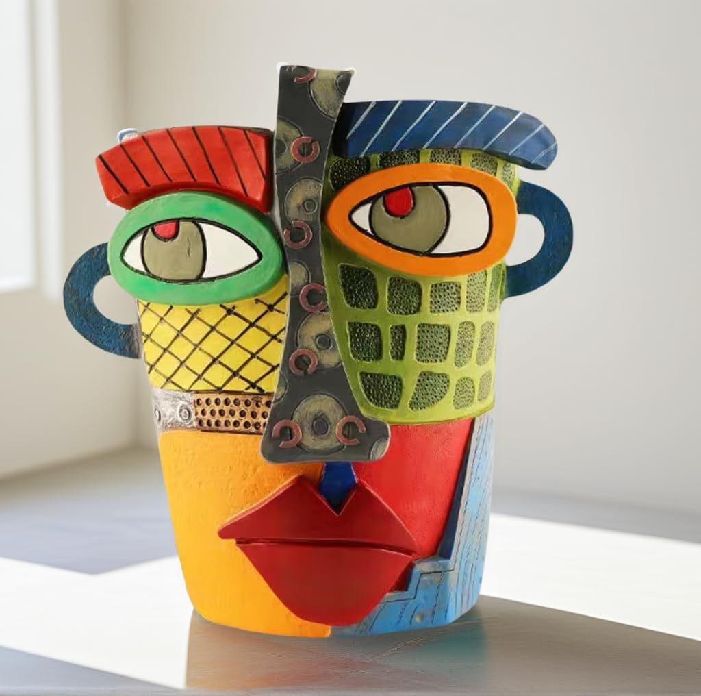 Picasso Abstract Face Flower Pot,Unique Resin Crafted Planter with Drainage Holes,Interesting Colorful Planter with