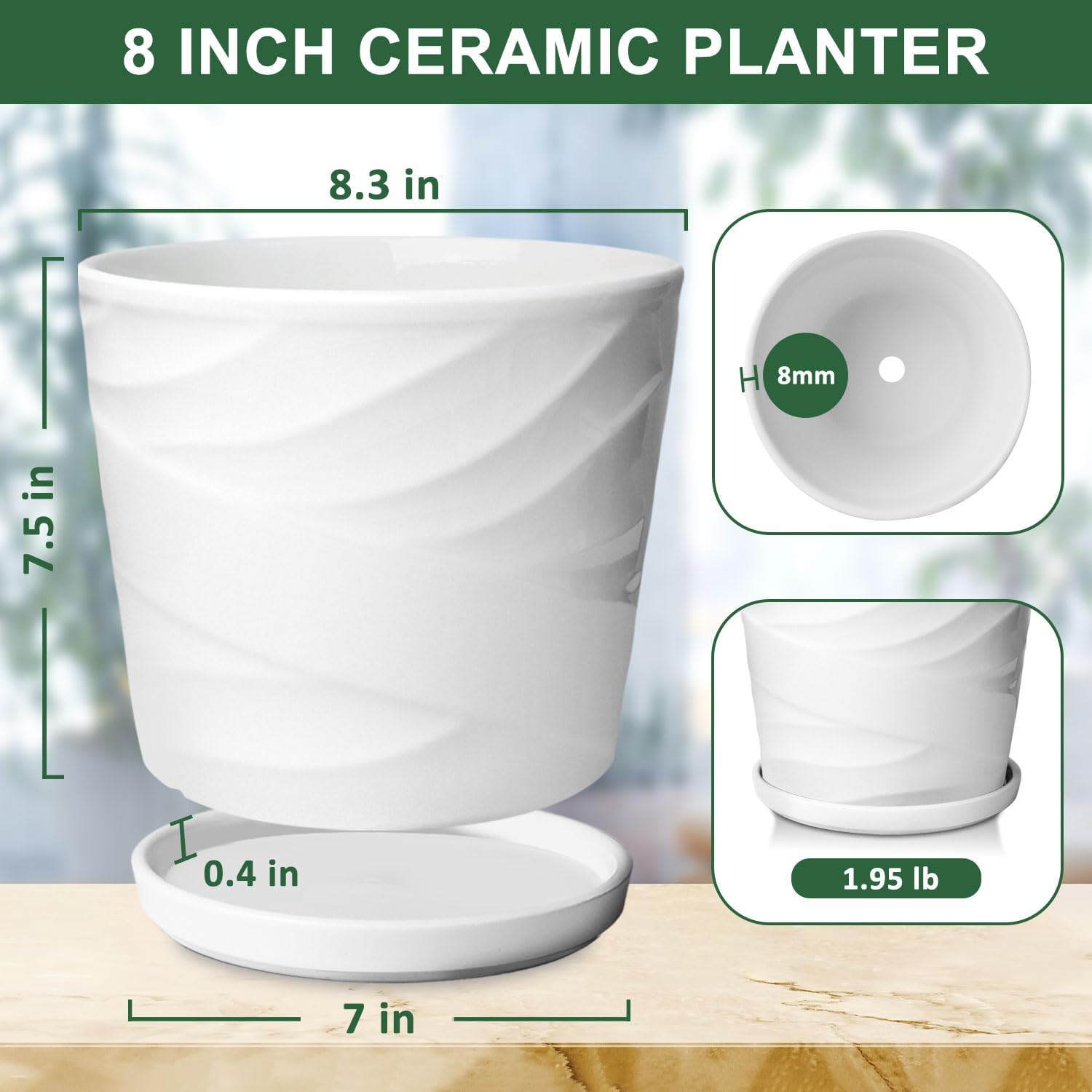 8 Inch Plant Pot,Ceramic Planter with Drainage and Saucer,Ceramic Pots for Plants,Indoor Plant pots,Ceramic Flower