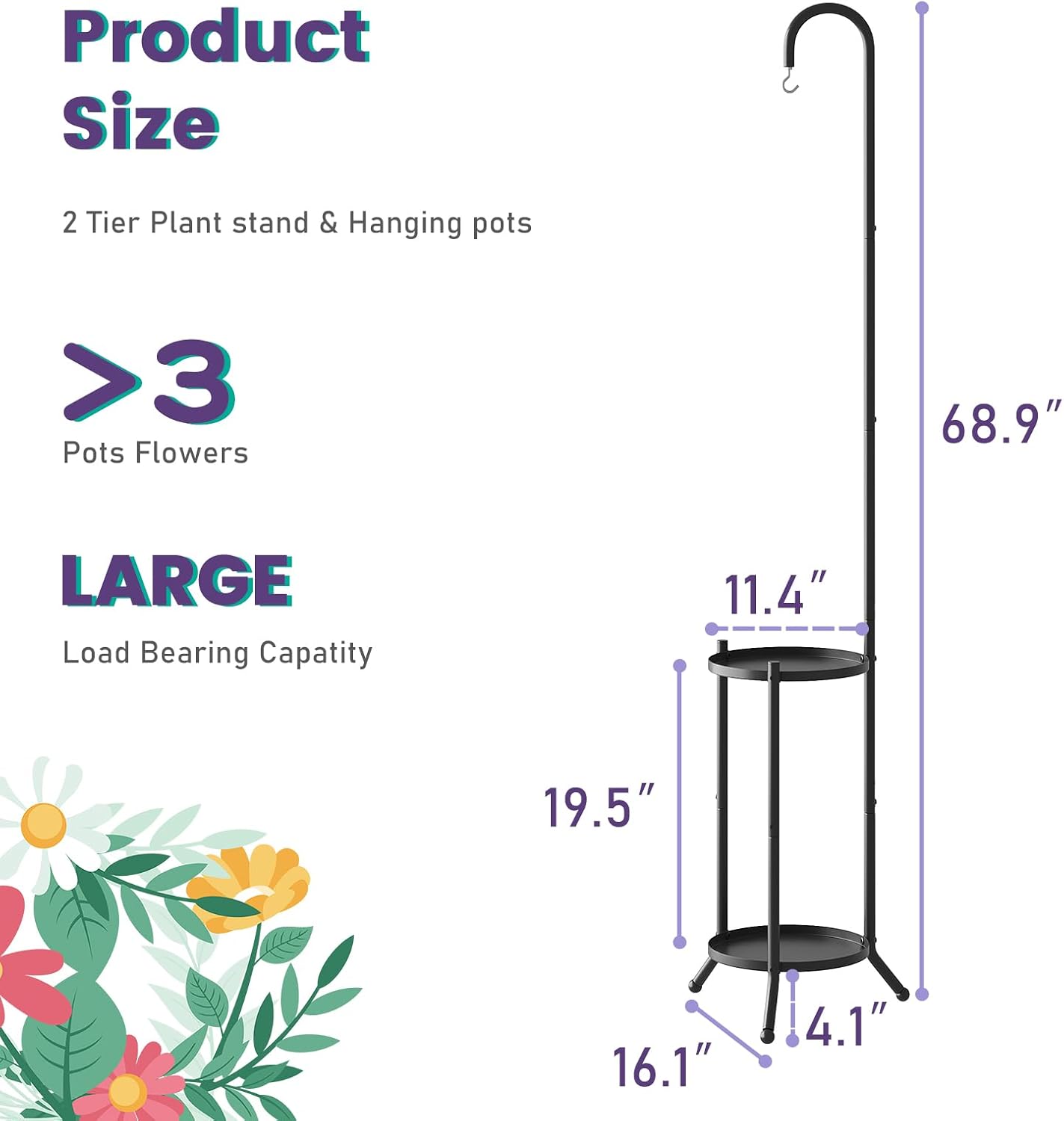 2-Tier Metal Plant Stand with Hanging Hook, Indoor Outdoor Plant Shelf,Heavy Duty Plant holder Rustproof Iron Multiple