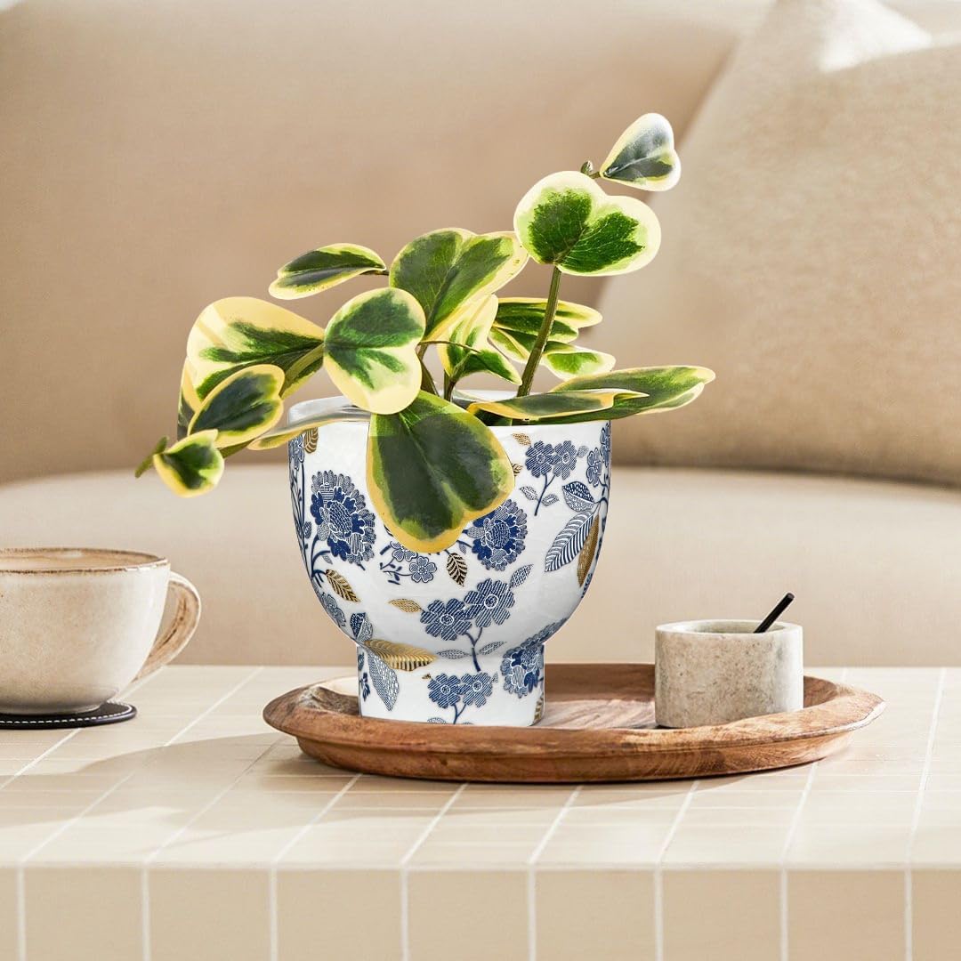 5.5'' Blue and White Ceramic Planter Pot with Drainage for Plants Flowers | Vintage Planter Large Ceramic Plants Pot