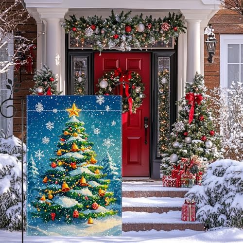 Winter Christmas Tree Garden Flag for Outside, Snowflake Xmas Ball Welcome Christmas Yard Flag 12x18 Inch Double Sided Burlap Holiday Farmhouse Home Decoration Outdoor Flag