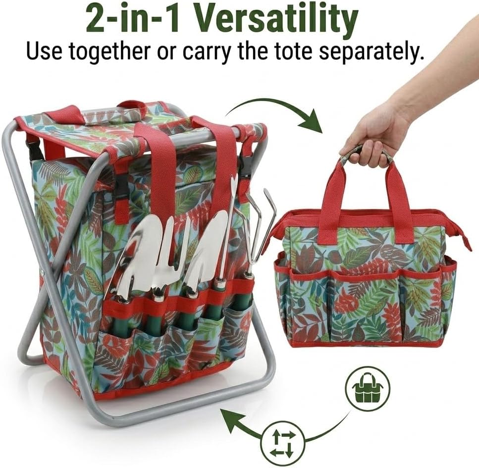 7-piece Garden Tool Set with Tote and Folding Stool Seat