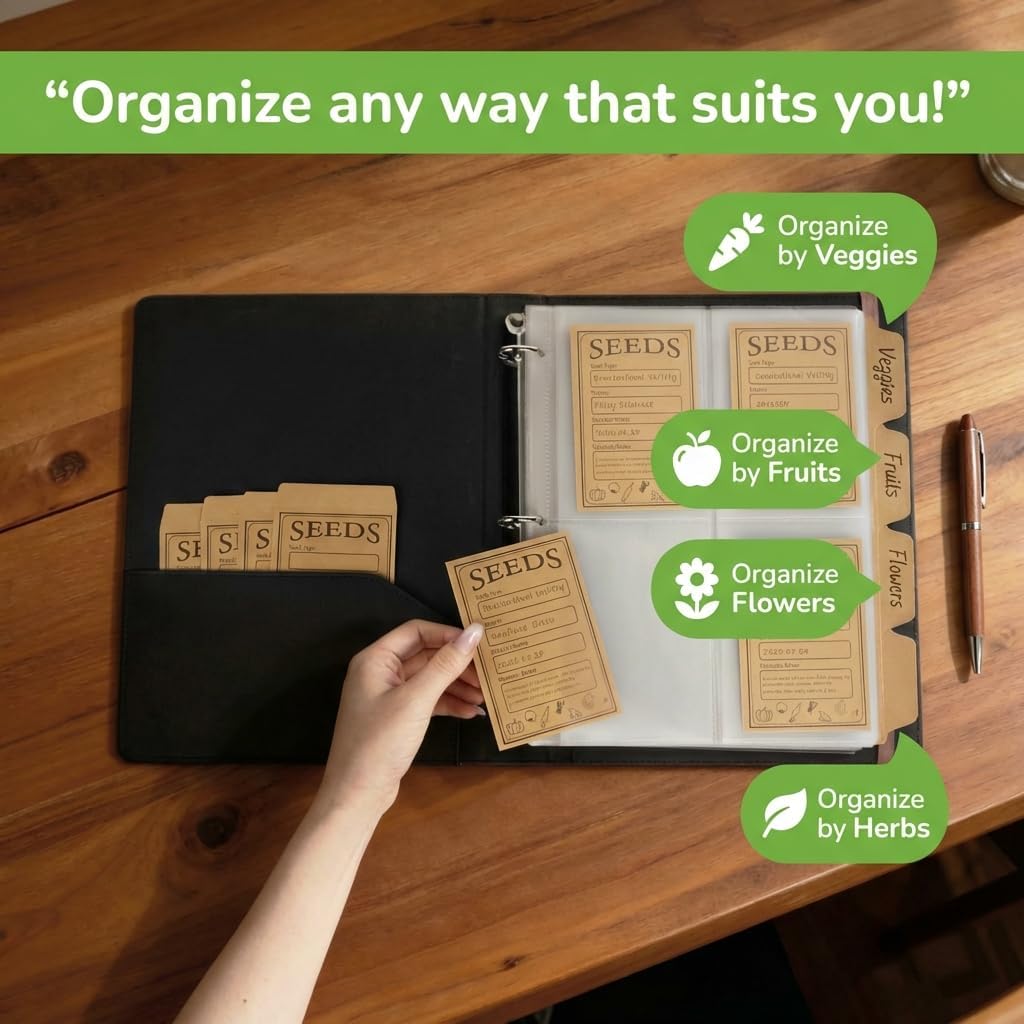Seed Storage Organizer Binder – Holds 100 Seed Packets, Seed Packet Organizer Book w/Side Loading Sleeves, 4 Kraft