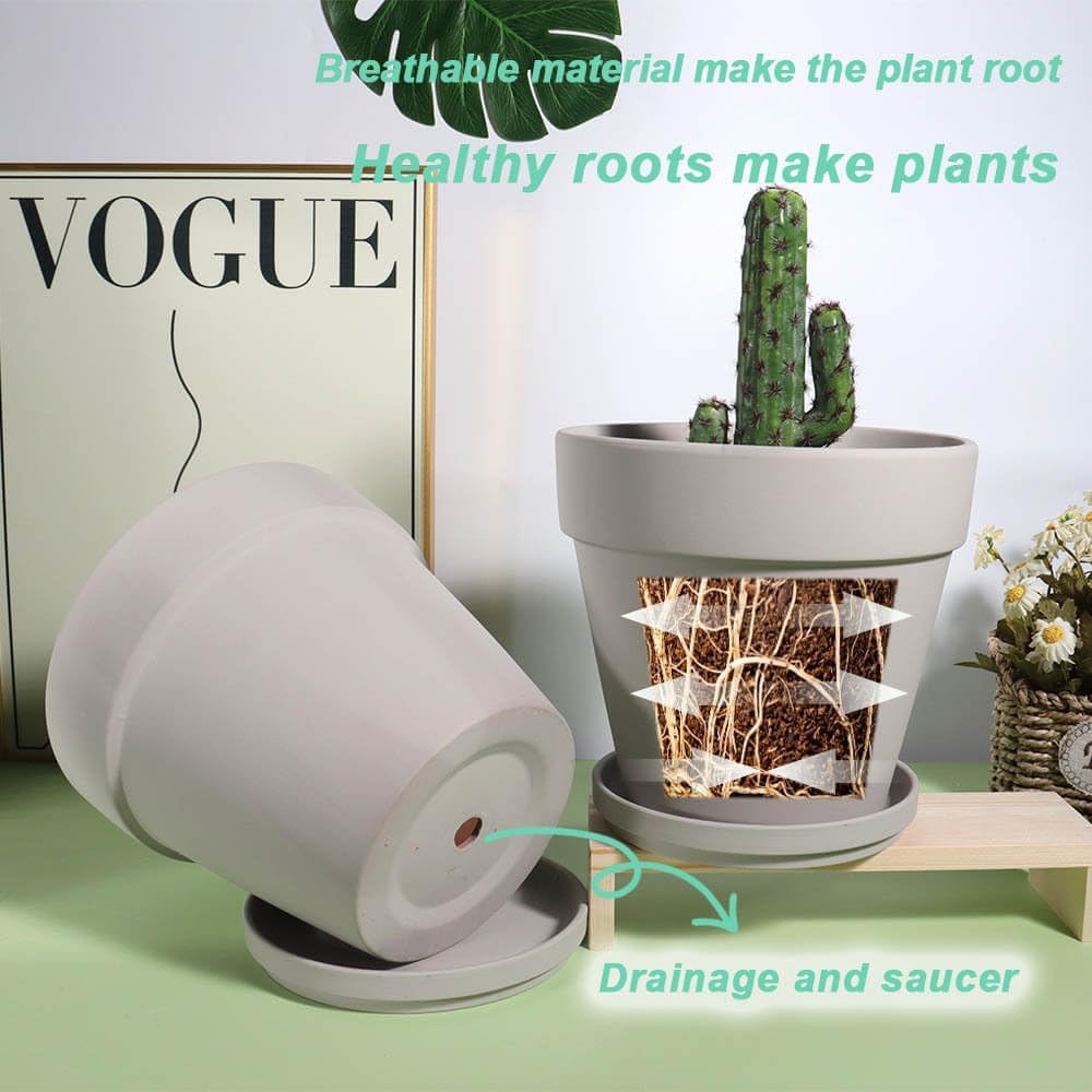 Gray 8 Inch Terracotta Pot for with Drainage - 2 Pack Large Terra Cotta Plant Pot with Saucers, Flower Clay Pot with