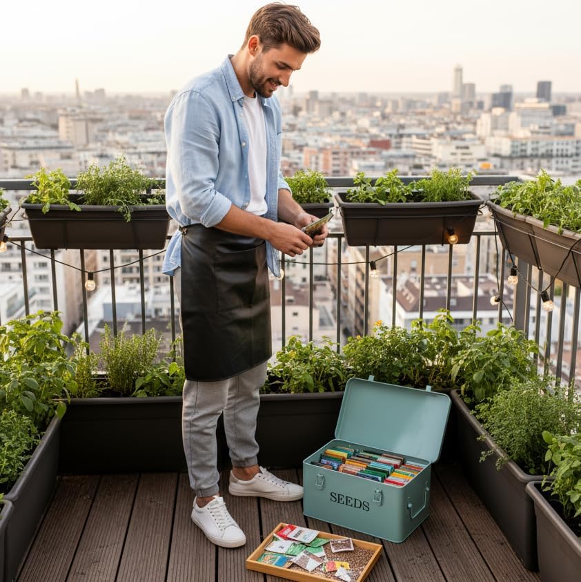 Large Modern Green Rectangular Metal Seed Storage Box with 4 Compartments and 40 Envelopes and 20 Bamboo Plant Labels