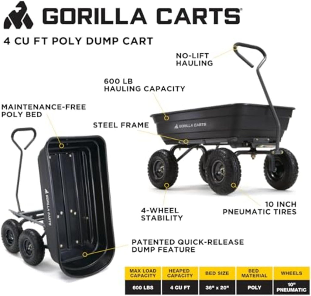 Gorilla Carts Heavy-Duty Poly Garden Dump Cart, 4 Cu Ft, 600 lb Capacity | Pneumatic Tires, Patented quick-release