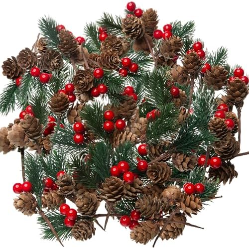24 PCS Artificial Pine Picks with Pine Needles Branches & Red Berry Stems - 3.15'' Small Fake Berries Pinecones for Crafts, Christmas Tree DIY, Holiday Wreath Decor