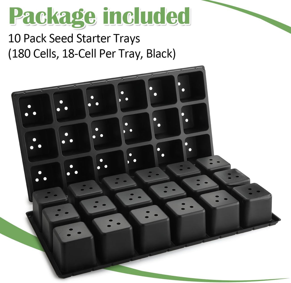 RooTrimmer 10 Pack 18 Cell Seed Starter Trays - 2.9 "Deep 3 Inch Big Cell Plastic Nursery Trays, 20" x 10", for 1020