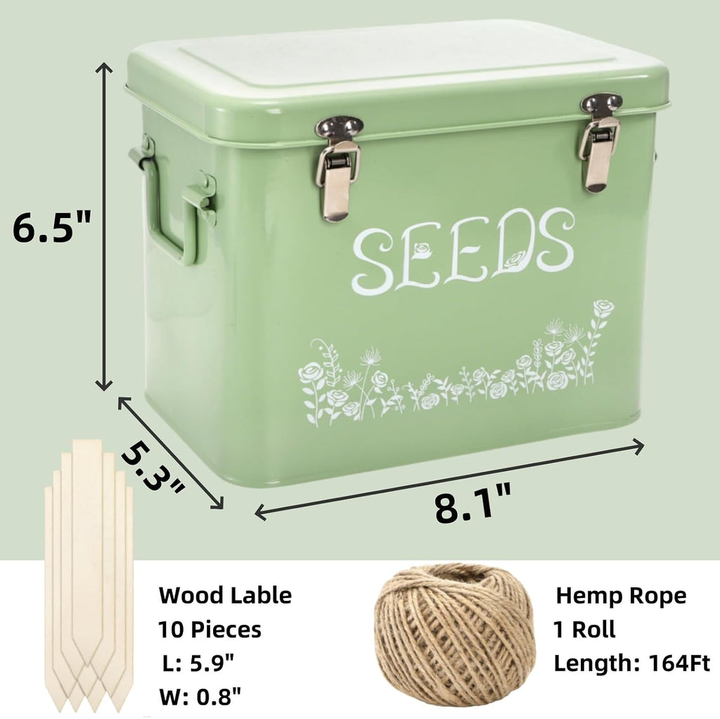 Covzoe Metal Seed Storage Organizer with String and 10 Wood Plant Labels | 3 Compartment Metal Seed Saving Box, Seed