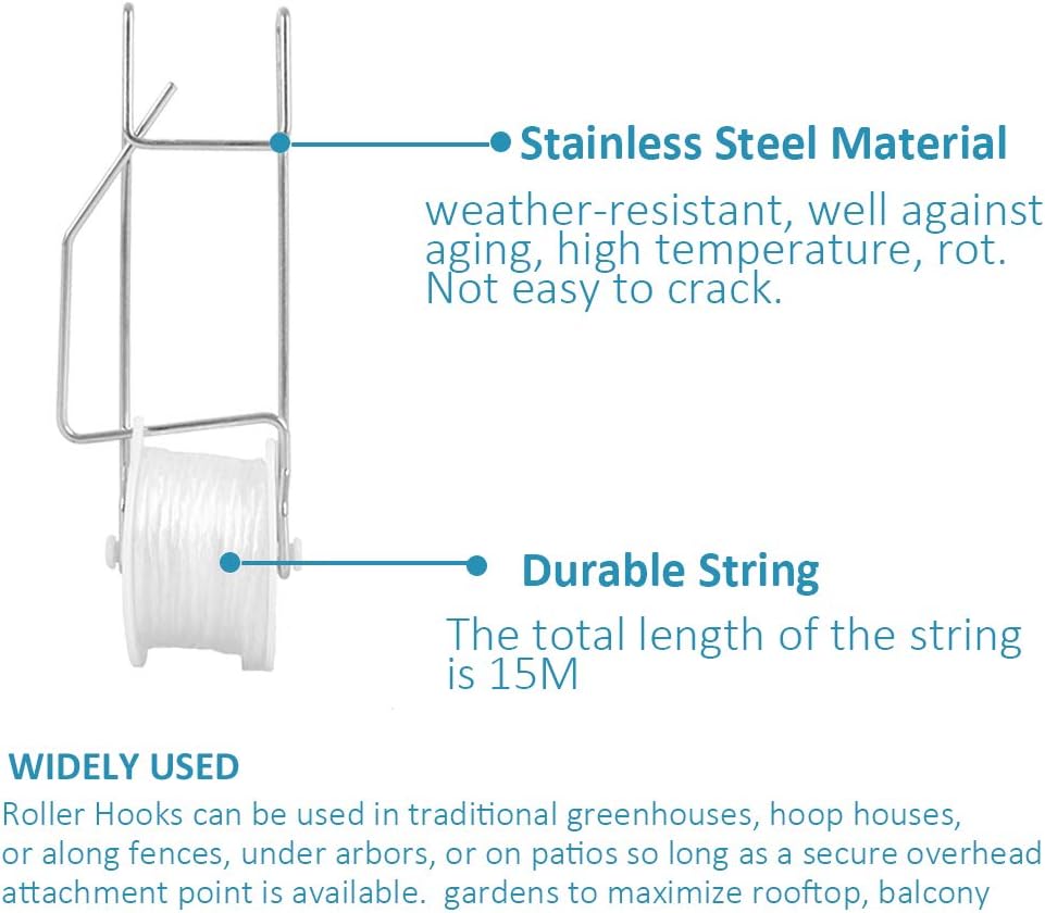 20 Pack Tomato Trellis Roller Hooks with 49.2FT String for Tomato,Plant, Greenhouse,Flower Vine Twine Crop Trellis Kit