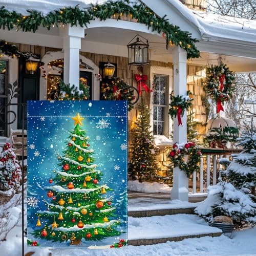 Winter Christmas Tree Garden Flag for Outside, Snowflake Xmas Ball Welcome Christmas Yard Flag 12x18 Inch Double Sided Burlap Holiday Farmhouse Home Decoration Outdoor Flag