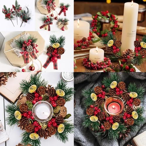 GXXMEI 25PCS Christmas Floral Pick with Jingle Bell, Pine Cone Holly Berry Stems for Crafts, Artificial Christmas Picks and Sprays for Christmas Home Decor, Garland, Wreath