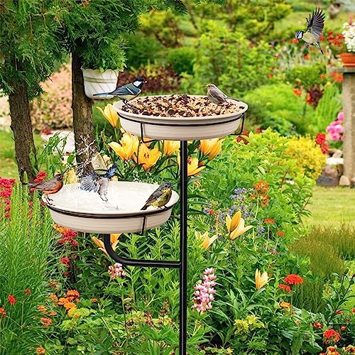 Freestanding Birdbaths Bowl Outdoor, Free Standing Garden Bird Bath Bird Feeder & Bird Bath Bowl, Detachable Decoration Spa Birdfeeder for Garden Patio Yard Lawn, 4 Spiky Metal Stake (White)