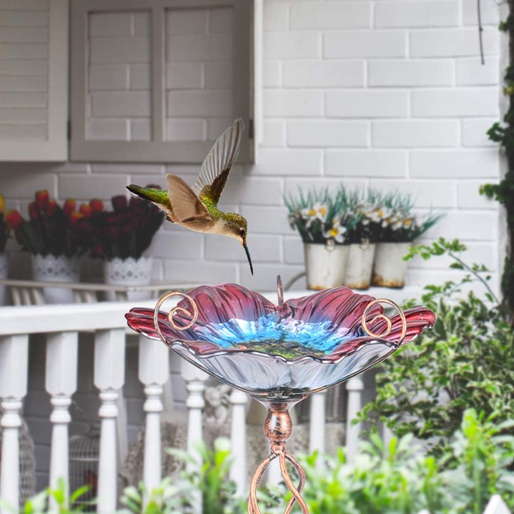Glass Birdbath Birdfeeder with Metal Stake Garden Yard Outdoor | 31inch height stain glass bird bath for outside