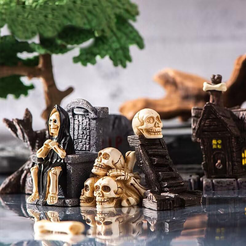 Tahonuss 19pcs Halloween Mini Figurines Creative Miniature Skull Heads Crow Tombstone Scene Ornaments Set Halloween Horror Village Collections Resin Crafts for Party Favors Fillers Tabletop Decor (A)
