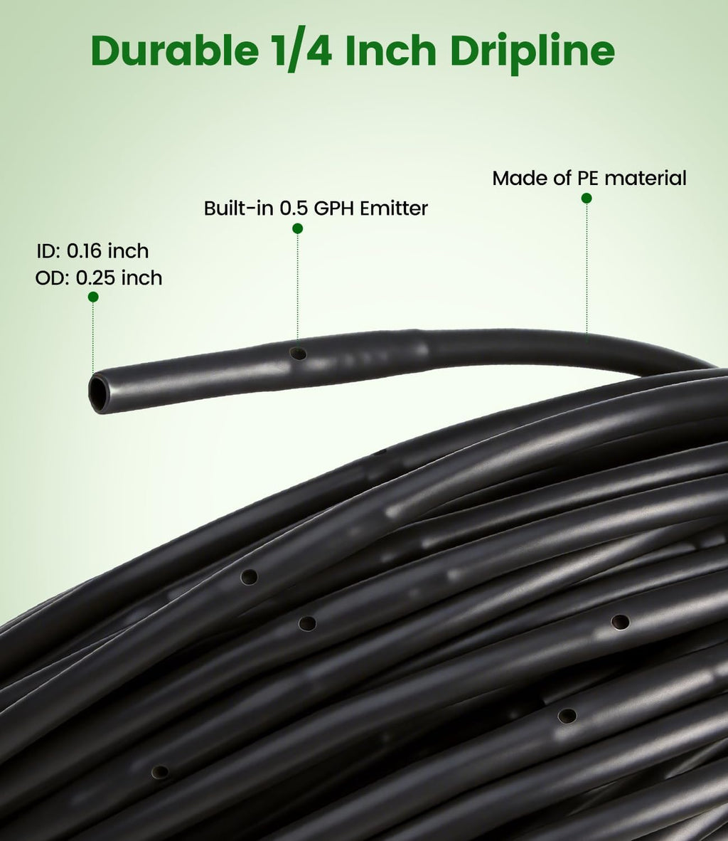 250FT Drip Irrigation Tubing Kit with 1/2 Irrigation tubing, 1/4 inch Dripline, and Irrigation Parts for Garden, Raised