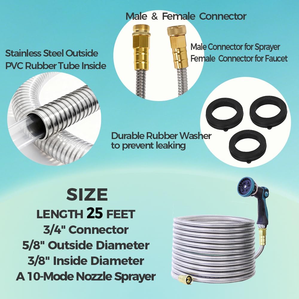 25FT Garden Hose, Stainless Steel Water Hose Flexible with a 10-Mode Nozzle Sprayer, No Kink, Lightweight, Puncture