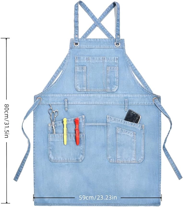 Denim Apron with Big Pockets Adjustable Cooking Apron Jean for Hair Stylist Gardening Craftsmen Barista Hairdresser