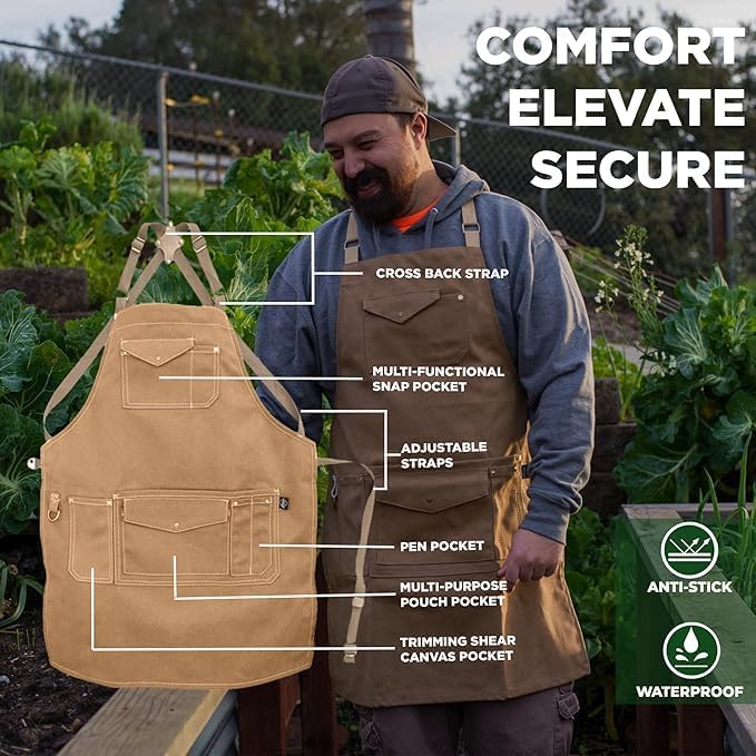 FARMER'S DEFENSE Canvas Gardening Apron with Durable Pockets - Unisex Heavy Duty Apron/Adjustable Straps - Garden, Paint