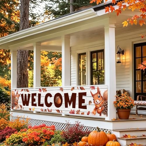 Welcome Fall Banner Happy Fall Yard Banner Squirrel Pinecones Outdoor Decor