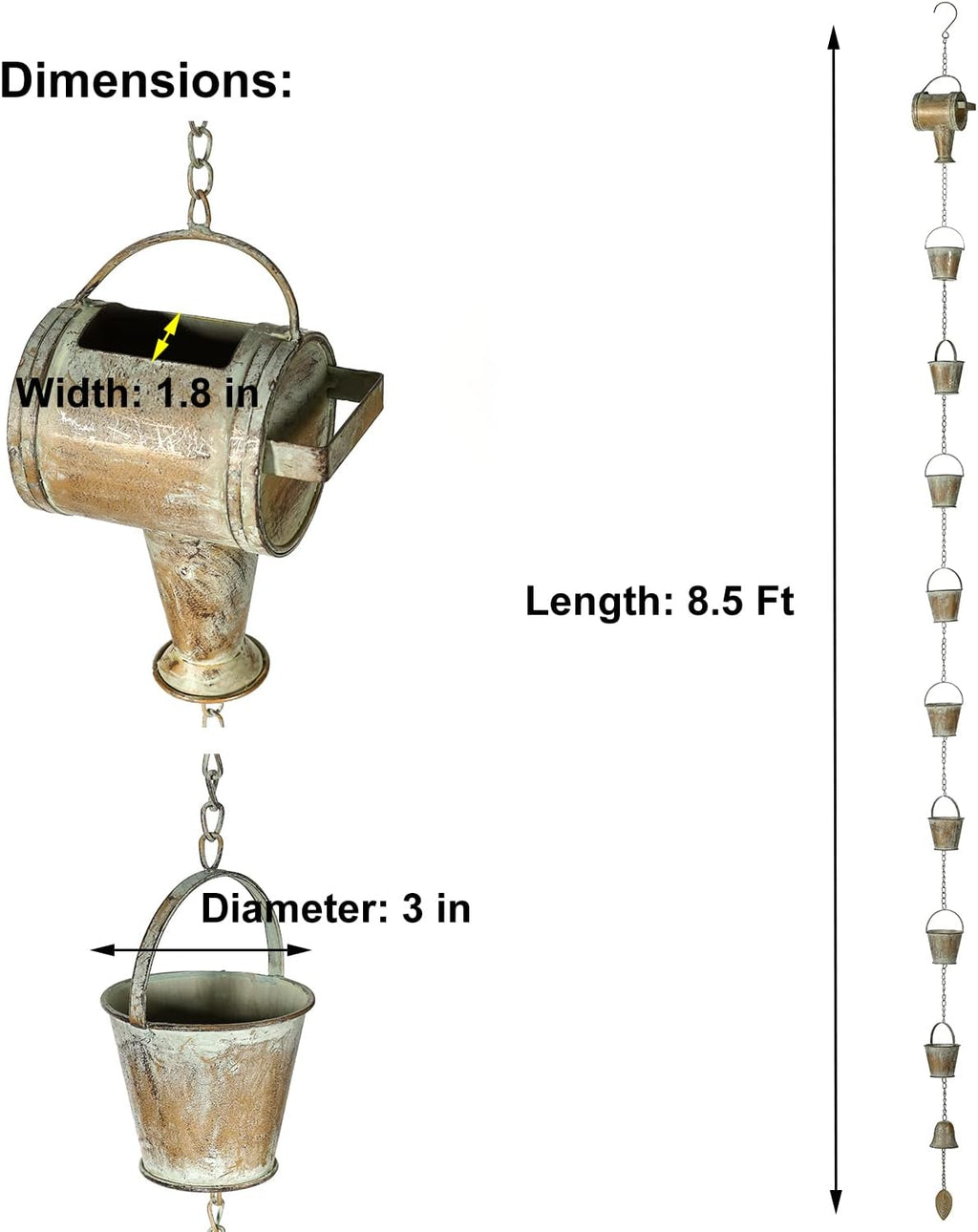 Jemeni 8.5Ft Decorative Rain Chain with Watering Can & Buckets | Copper Rain Chains for Gutters, Decorative Rainwater