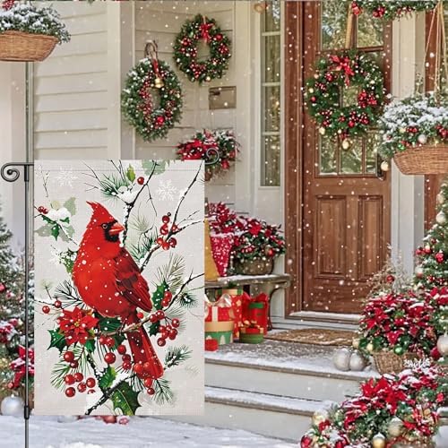 Louise Maelys Christmas Winter Cardinal Garden Flag Floral 12x18 Inch Double Sided Snowy Welcome Xmas Holiday Seasonal Small Burlap Yard Sign Outside Home Outdoor House Decoration