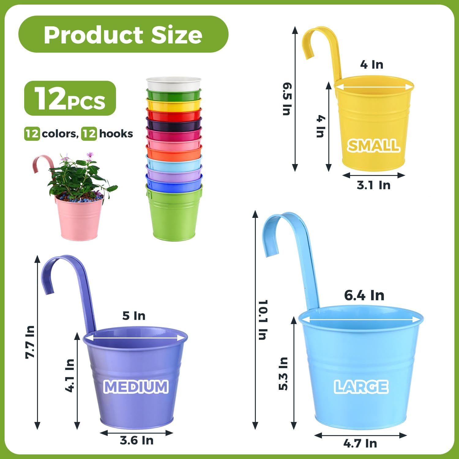 12 Pack Balcony Planters Railing Hanging, Colorful Railing Planter 6.4 Inch Plant Pots with Drainage Holes Hanging