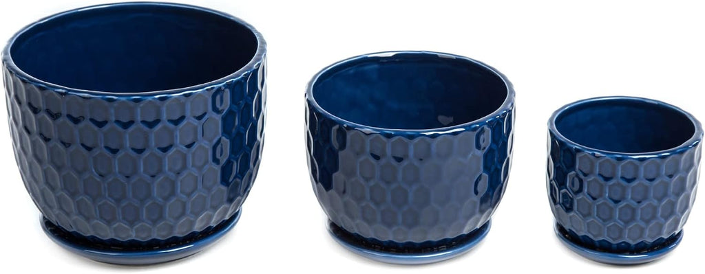 Ceramic Flower Pots with Drainage Hole and Saucer, North European Style Round Indoor Succulent Planters with Honeycomb