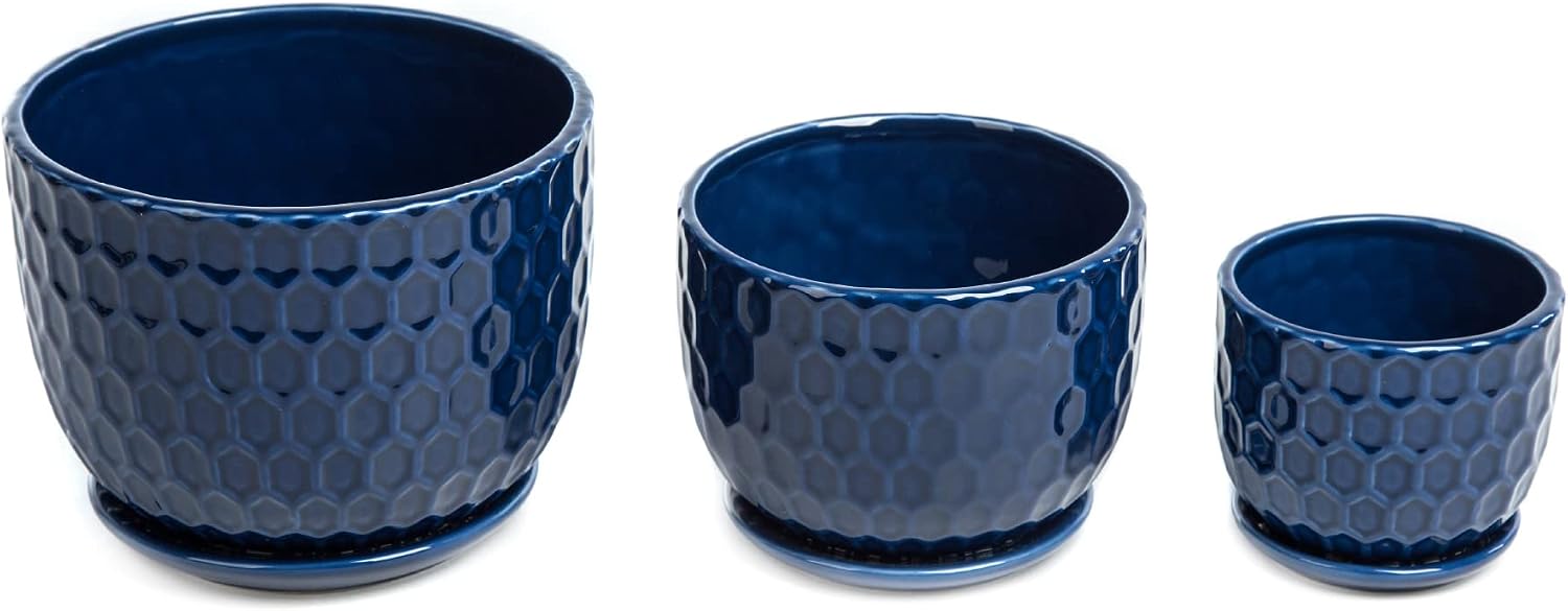 Ceramic Flower Pots with Drainage Hole and Saucer, North European Style Round Indoor Succulent Planters with Honeycomb