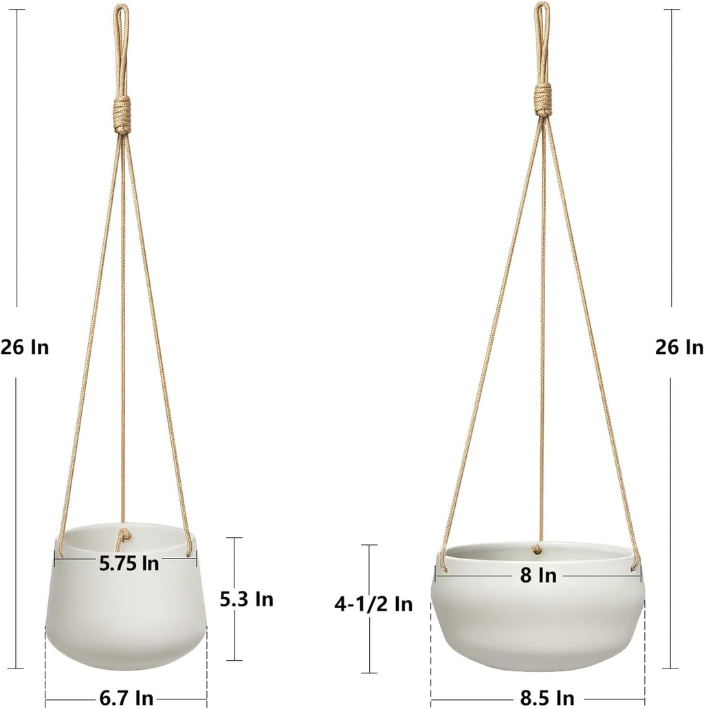 Mkono Ceramic Hanging Planters for Indoor Plants, 8" Shallow & 6" Deep 2Pcs | Modern Minimalist Plant Pots, Geometric