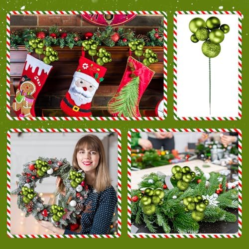 Daifunli 8 Pcs Lime Green Christmas Tree Picks 7.87 Inch Christmas Balls Ornaments Xmas Hanging Peppermint Decorations for Xmas Tree Topper DIY Wreath Holiday Floral Vase Filler Crafts Home Decor