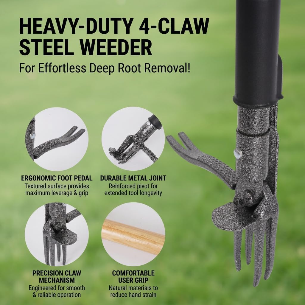 Stand Up Weed Puller with Kick-Out Weed Ejector, No-Bending Long Handle Manual Weed Remover for Lawn & Garden, Foot