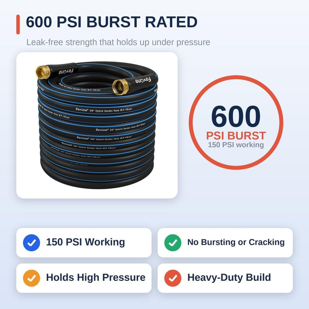 Kink Free Garden hose 100 ft, Heavy Duty Water Hose | Flexible Lightweight Hybrid Polymer, 5/8 ID, 600 PSI, Leak-Free