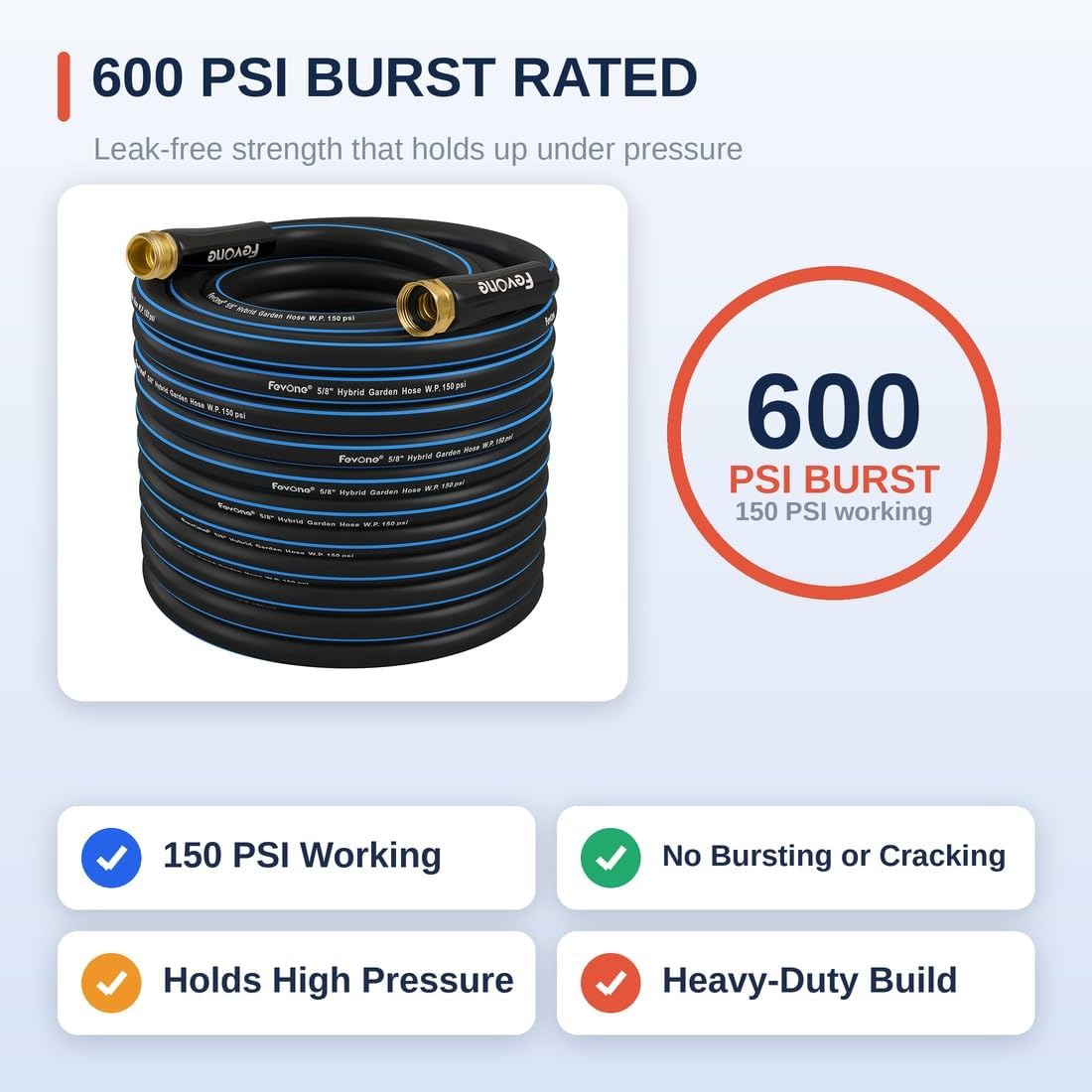 Kink Free Garden hose 100 ft, Heavy Duty Water Hose | Flexible Lightweight Hybrid Polymer, 5/8 ID, 600 PSI, Leak-Free
