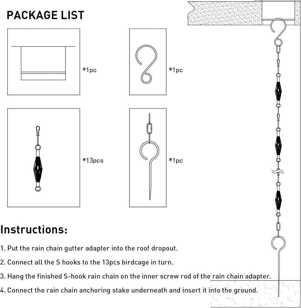 Rain Chain Bird Cage Set 8.5Ft, Not Rust Wrought Iron Rain Chains for Gutters with Adapter Gotta Drain and Sturdy
