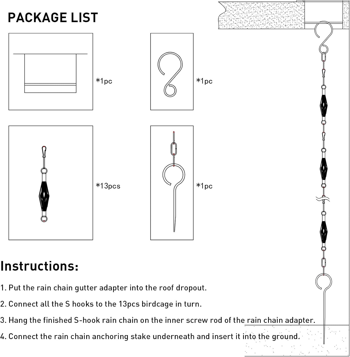 Rain Chain Bird Cage Set 8.5Ft, Not Rust Wrought Iron Rain Chains for Gutters with Adapter Gotta Drain and Sturdy