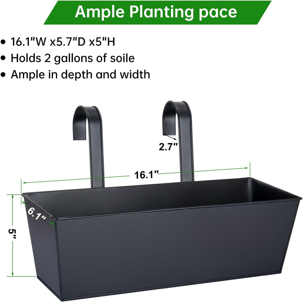 16“ Large Hanging Planters for Outdoor Plants, Railing Planter Box, 3 Pack | Balcony Planters with Detachable Wide