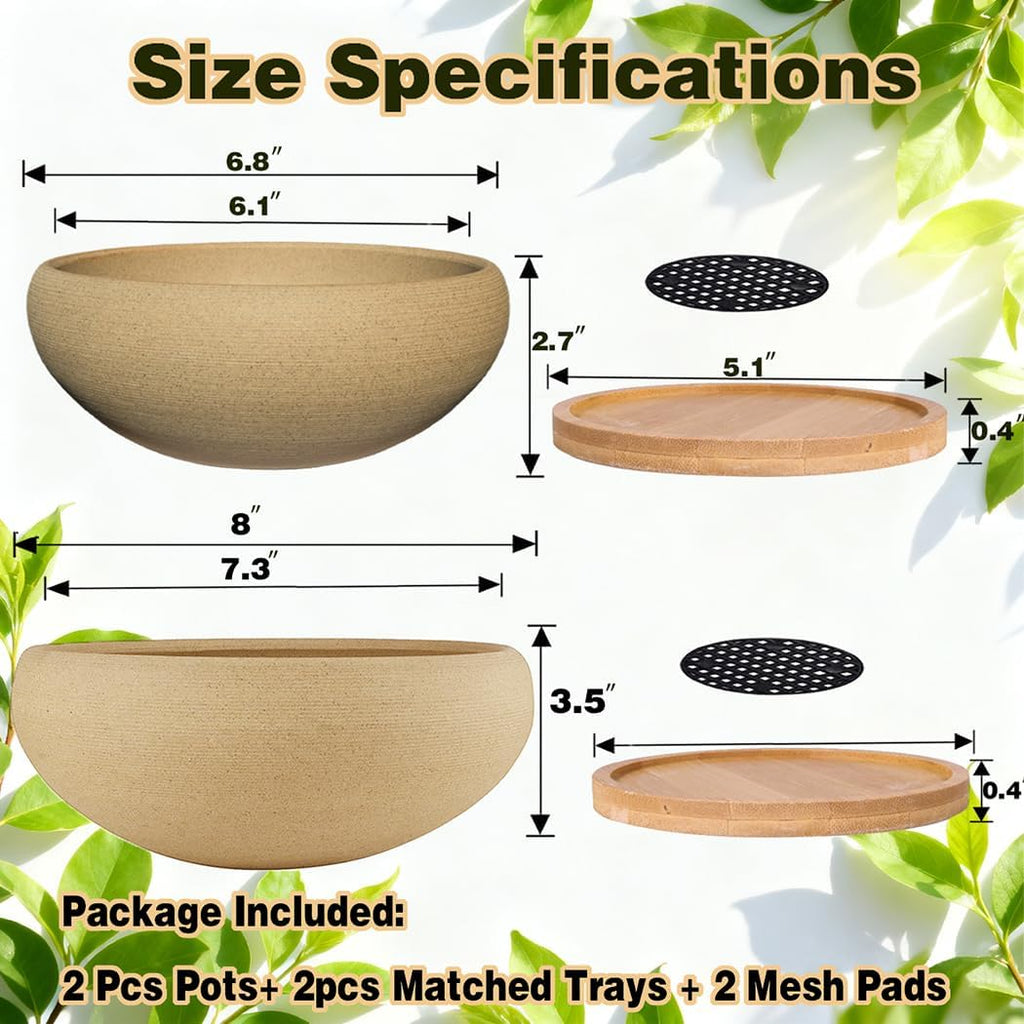 MUZHI 2 Pack 8+6 Inch Plant Pot - Natural Unglazed Ceramic Bonsai Pot with Bamboo Saucer, Large Vintage Clay Shallow