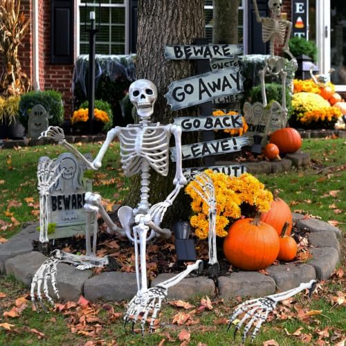 Wonderjune 6 Pcs Skeleton Hands Stakes Halloween Yard Decor, Black White