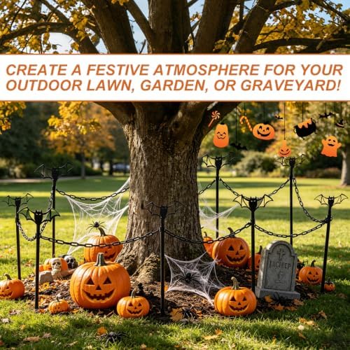8 Sets Metal Halloween Fence for Outdoor Garden, 23.6in Halloween Graveyard Fences Bat Garden Fence with Connecting Chains Weatherproof Spooky Cemetery Decor for Outdoor Graveyard Pathway Party Scene