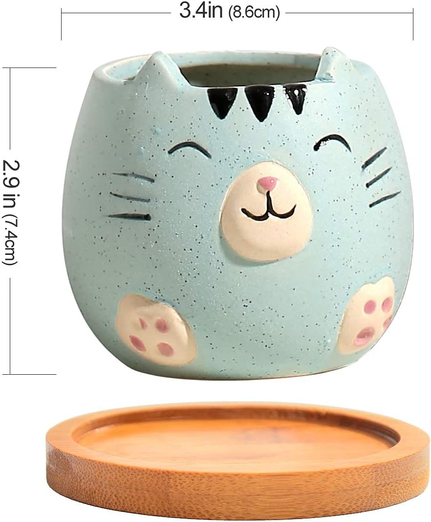 6Pack 3.4inch Small Ceramic Animal Planter Pots for Baby Succulent with Drainage and Bamboo Tray (Matte Cats)