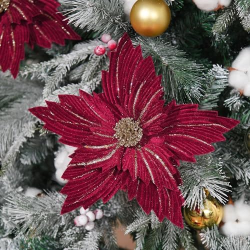6 Pcs 12" Large Glitter Poinsettia Artificial Christmas Flowers with Stems Xmas Tree Wreath Ornaments New Year Home Wedding Party Decor (Burgundy)
