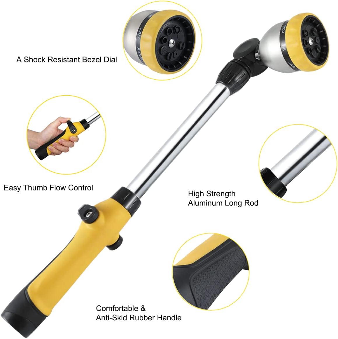 FANHAO 16 Inches Garden Watering Wand, 180° Rotating Head Hose Wand with Thumb Control Shut Off Valve 8 Patterns Heavy