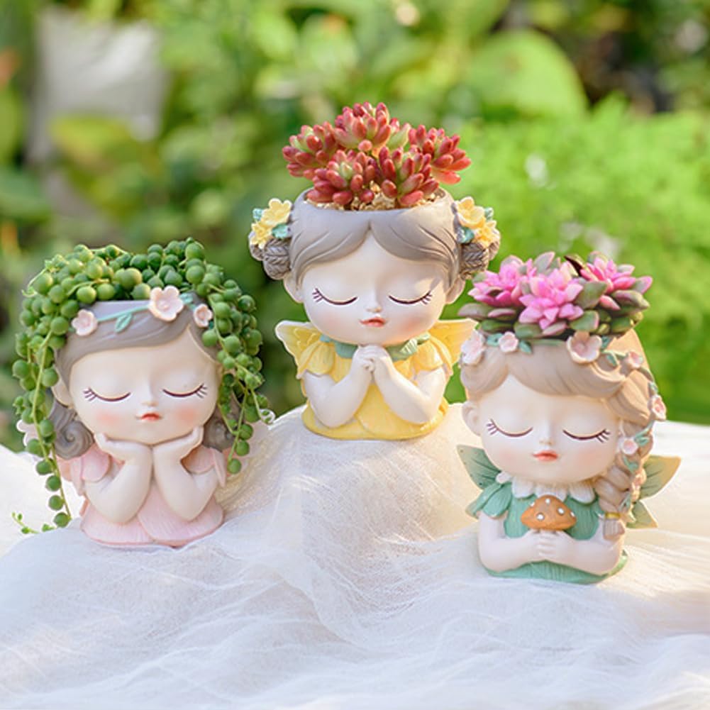Argofox Samll Angel Girl face Succulent Plant pots 3packs with Drainage Hole 4inch Indoor Cactus Pot Unique Cute Flower