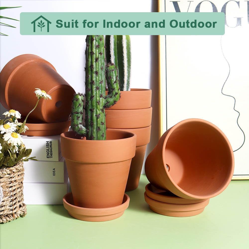 Terra Cotta Pots with Saucer - 6 Pack 5 Inch Clay Pot Ceramic Pottery Planter Cactus Flower Pots Succulent Pot Drainage