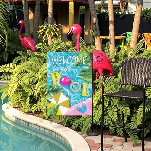 Welcome to Our Pool Garden Flag Vertical Double Sided Summer Swimming Pool Yard Flag Palm Leaf Parasol Garden Flags 12x18 Inch Holiday Party Seasonal Farmhouse Banner Outdoor Decor