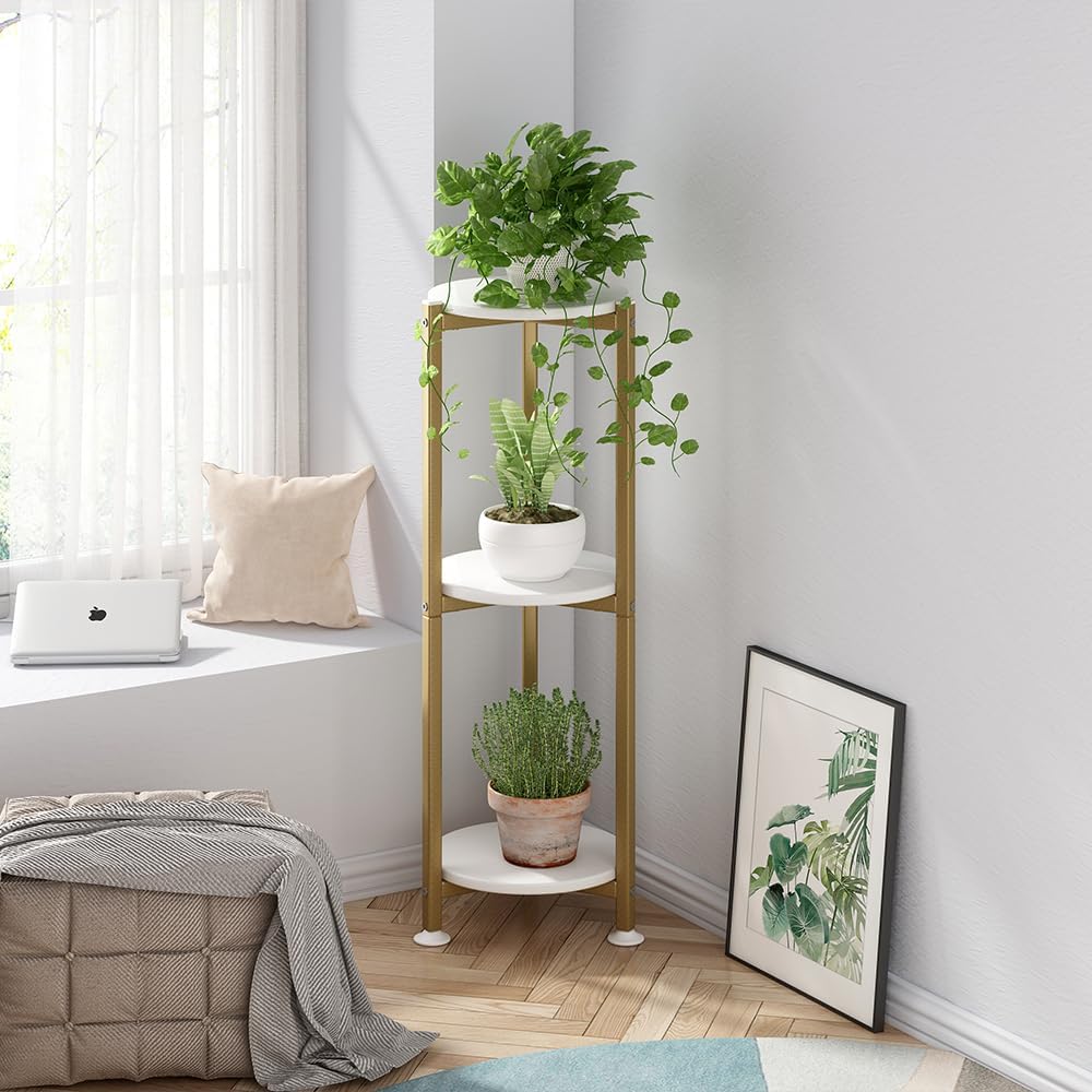 3 Tier Plant Stand Indoor Corner Tall Round Shape Plant Shelf | Modern Metal MDF board Flower Storage,Suitable tight