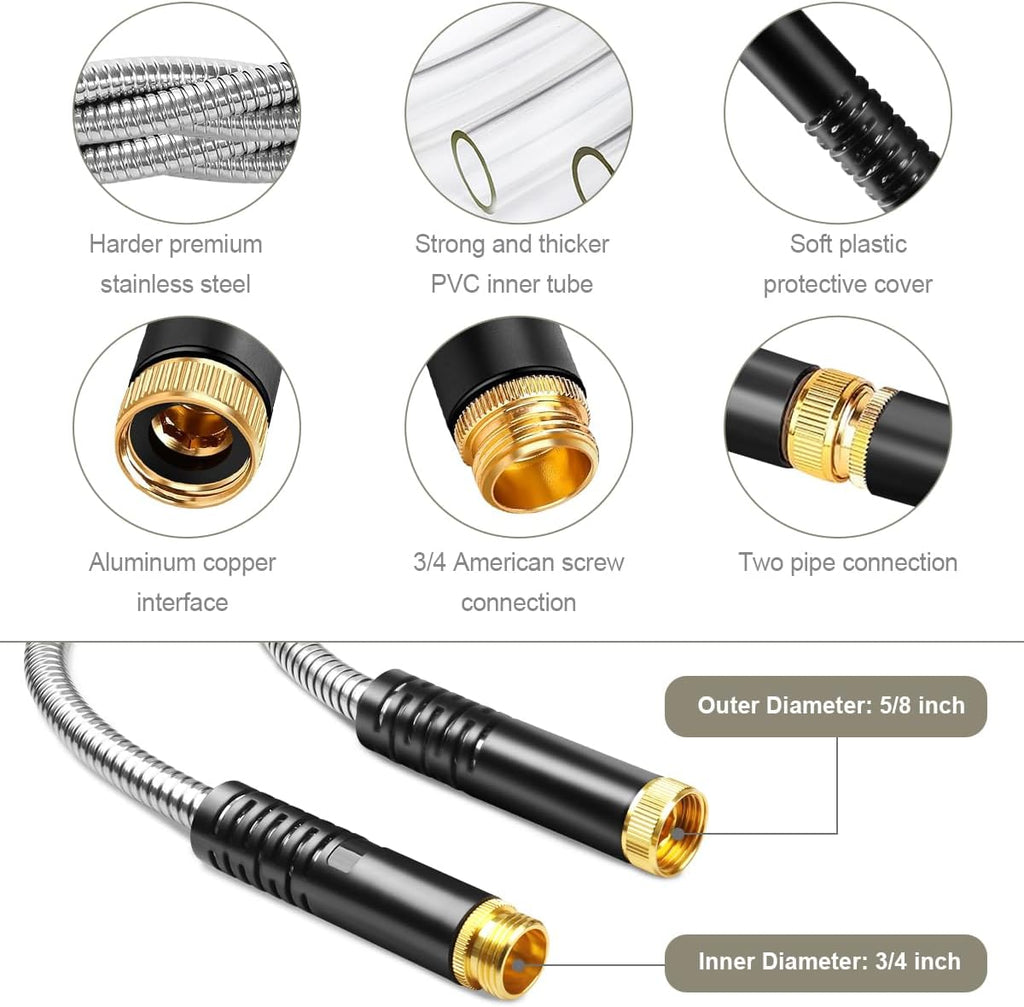 Omont Metal Garden Hose 50FT, Heavy Duty 304 Stainless Steel Water Hoses with Nozzle, Flexible Garden Hose